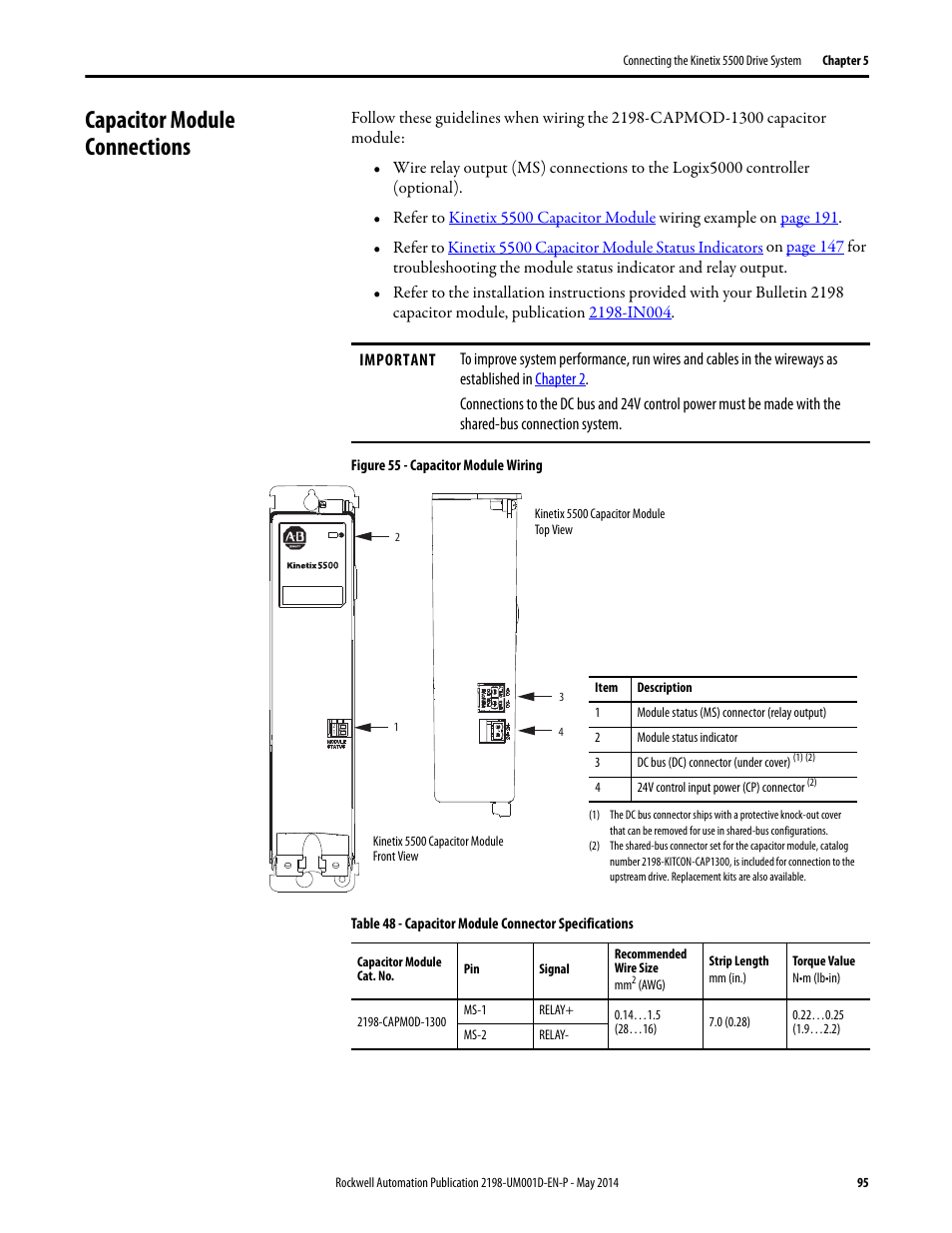 Capacitor module connections | Rockwell Automation 2198-Hxxx Kinetix 5500 Servo Drives User Manual User Manual | Page 95 / 244