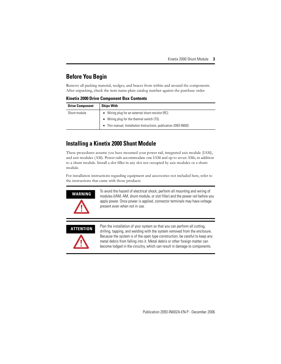 Before you begin, Installing a kinetix 2000 shunt module | Rockwell Automation 2093-ASP06 Kinetix 2000 Shunt Module Installation Instructions User Manual | Page 3 / 8