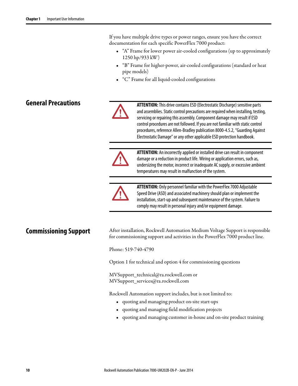 General precautions, Commissioning support, General precautions commissioning support | Rockwell Automation 7000 PowerFlex Medium Voltage AC Drive (B Frame) - ForGe Control User Manual | Page 10 / 216