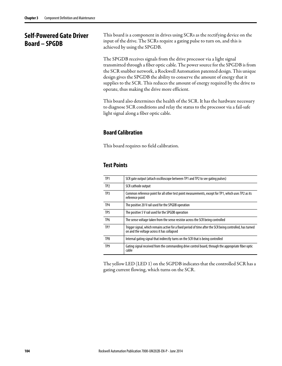 Self-powered gate driver board – spgdb, Board calibration, Test points | Board calibration test points | Rockwell Automation 7000 PowerFlex Medium Voltage AC Drive (B Frame) - ForGe Control User Manual | Page 104 / 216