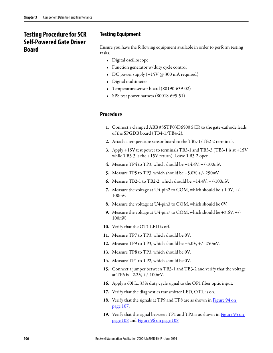 Testing equipment, Procedure, Testing equipment procedure | Rockwell Automation 7000 PowerFlex Medium Voltage AC Drive (B Frame) - ForGe Control User Manual | Page 106 / 216