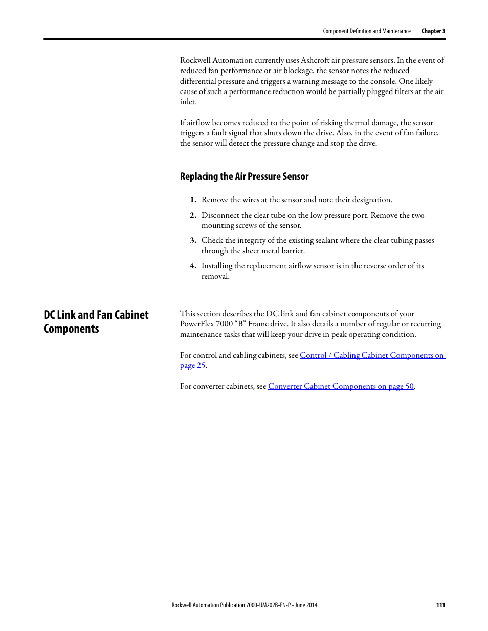 Replacing the air pressure sensor, Dc link and fan cabinet components, Dc link and fan cabinet components on | Rockwell Automation 7000 PowerFlex Medium Voltage AC Drive (B Frame) - ForGe Control User Manual | Page 111 / 216
