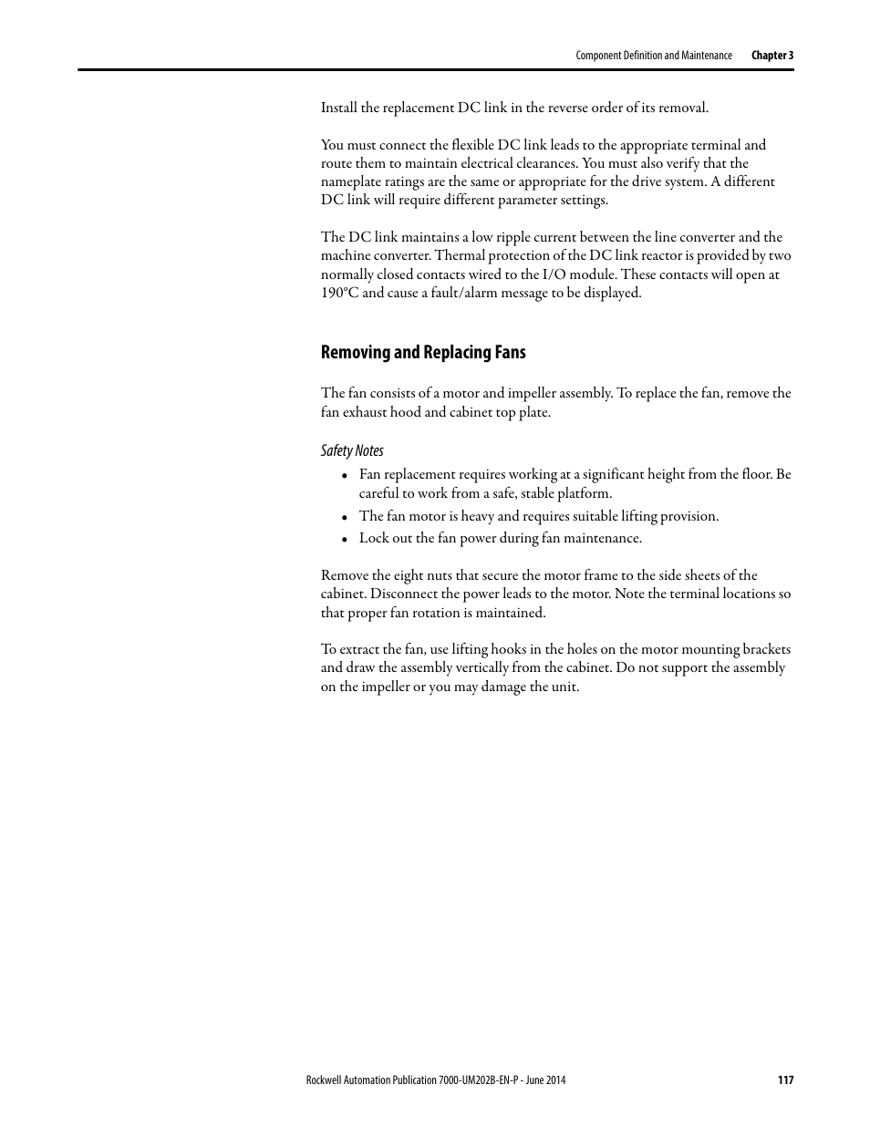 Removing and replacing fans | Rockwell Automation 7000 PowerFlex Medium Voltage AC Drive (B Frame) - ForGe Control User Manual | Page 117 / 216