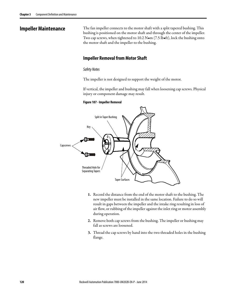 Impeller maintenance, Impeller removal from motor shaft | Rockwell Automation 7000 PowerFlex Medium Voltage AC Drive (B Frame) - ForGe Control User Manual | Page 120 / 216