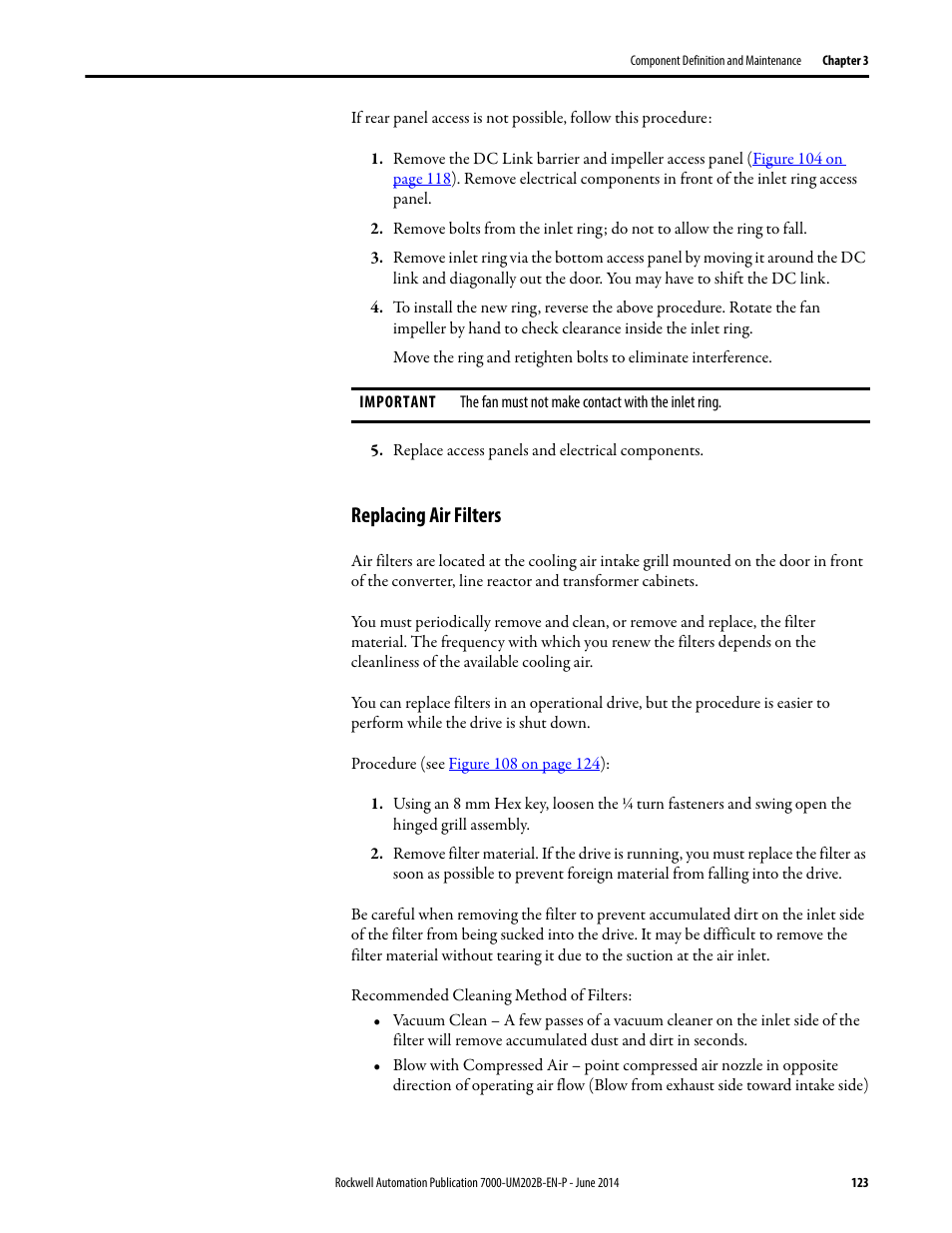 Replacing air filters | Rockwell Automation 7000 PowerFlex Medium Voltage AC Drive (B Frame) - ForGe Control User Manual | Page 123 / 216