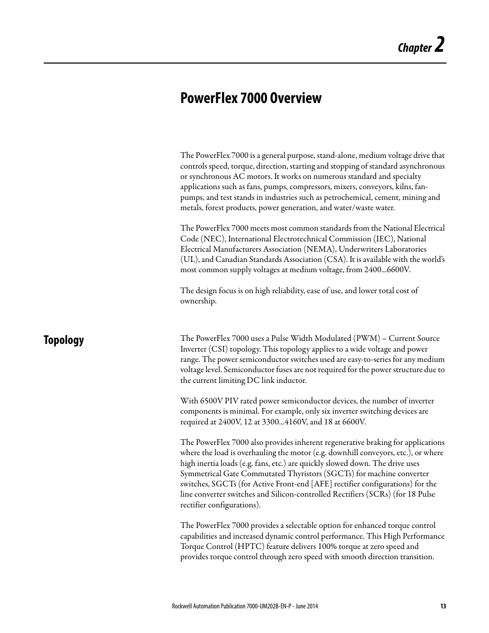2 - powerflex 7000 overview, Topology, Chapter 2 | Powerflex 7000 overview | Rockwell Automation 7000 PowerFlex Medium Voltage AC Drive (B Frame) - ForGe Control User Manual | Page 13 / 216