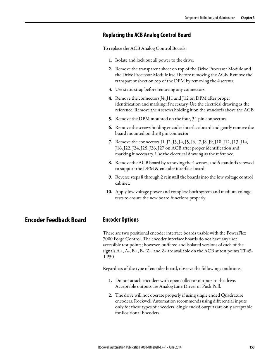 Replacing the acb analog control board, Encoder feedback board, Encoder options | Rockwell Automation 7000 PowerFlex Medium Voltage AC Drive (B Frame) - ForGe Control User Manual | Page 153 / 216