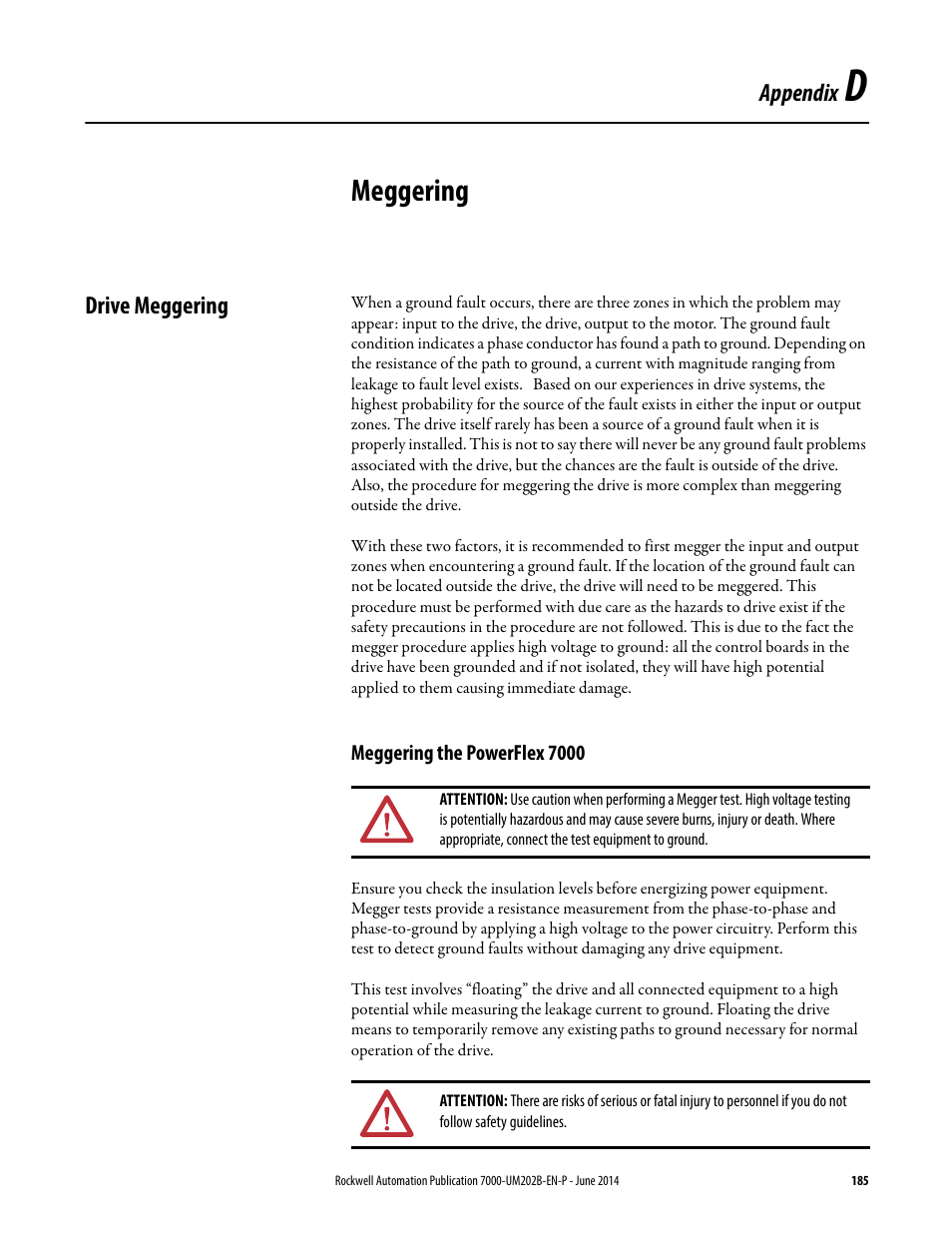 D - meggering, Drive meggering, Meggering the powerflex 7000 | Appendix d, Meggering | Rockwell Automation 7000 PowerFlex Medium Voltage AC Drive (B Frame) - ForGe Control User Manual | Page 185 / 216