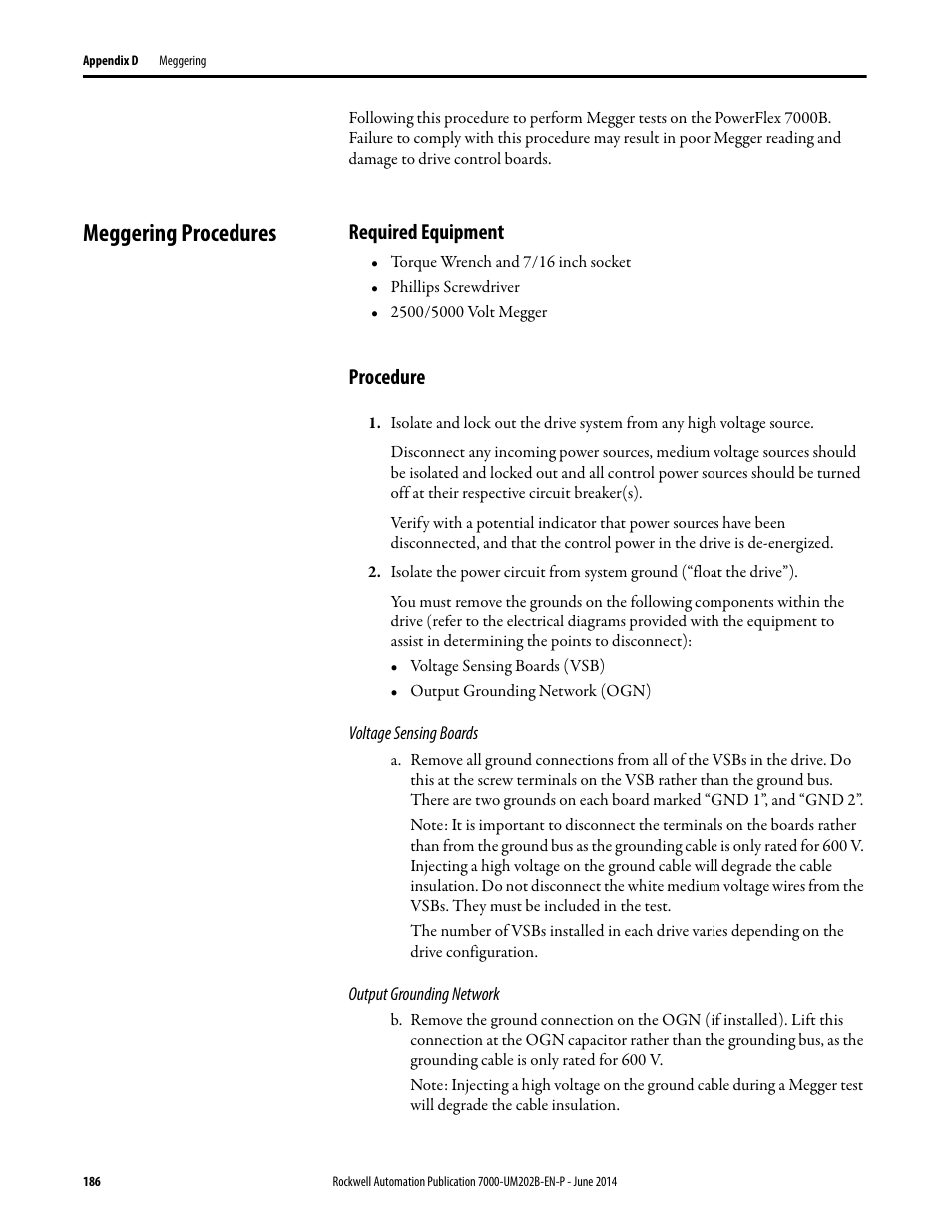 Meggering procedures, Required equipment, Procedure | Required equipment procedure | Rockwell Automation 7000 PowerFlex Medium Voltage AC Drive (B Frame) - ForGe Control User Manual | Page 186 / 216