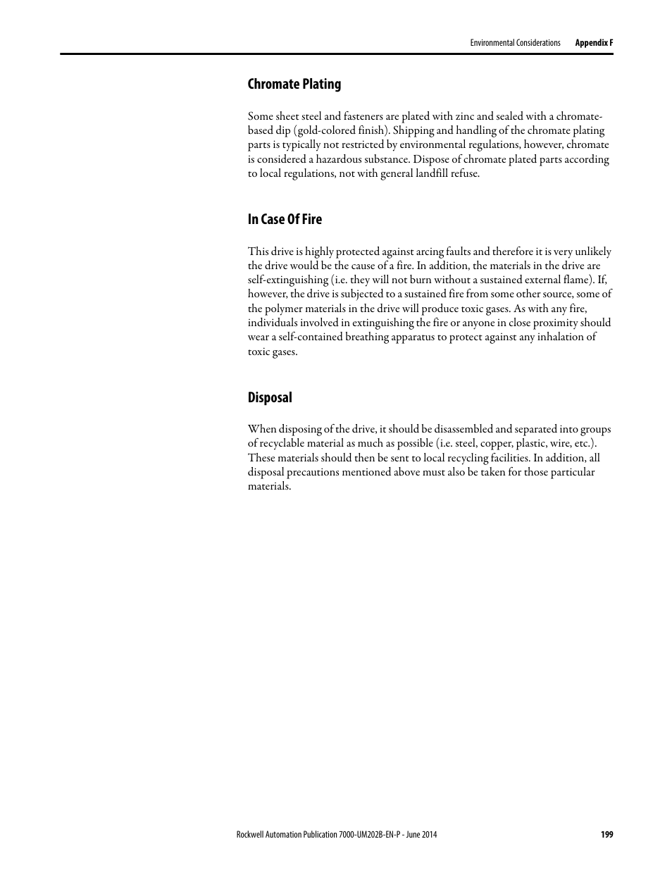 Chromate plating, In case of fire, Disposal | Chromate plating in case of fire disposal | Rockwell Automation 7000 PowerFlex Medium Voltage AC Drive (B Frame) - ForGe Control User Manual | Page 199 / 216