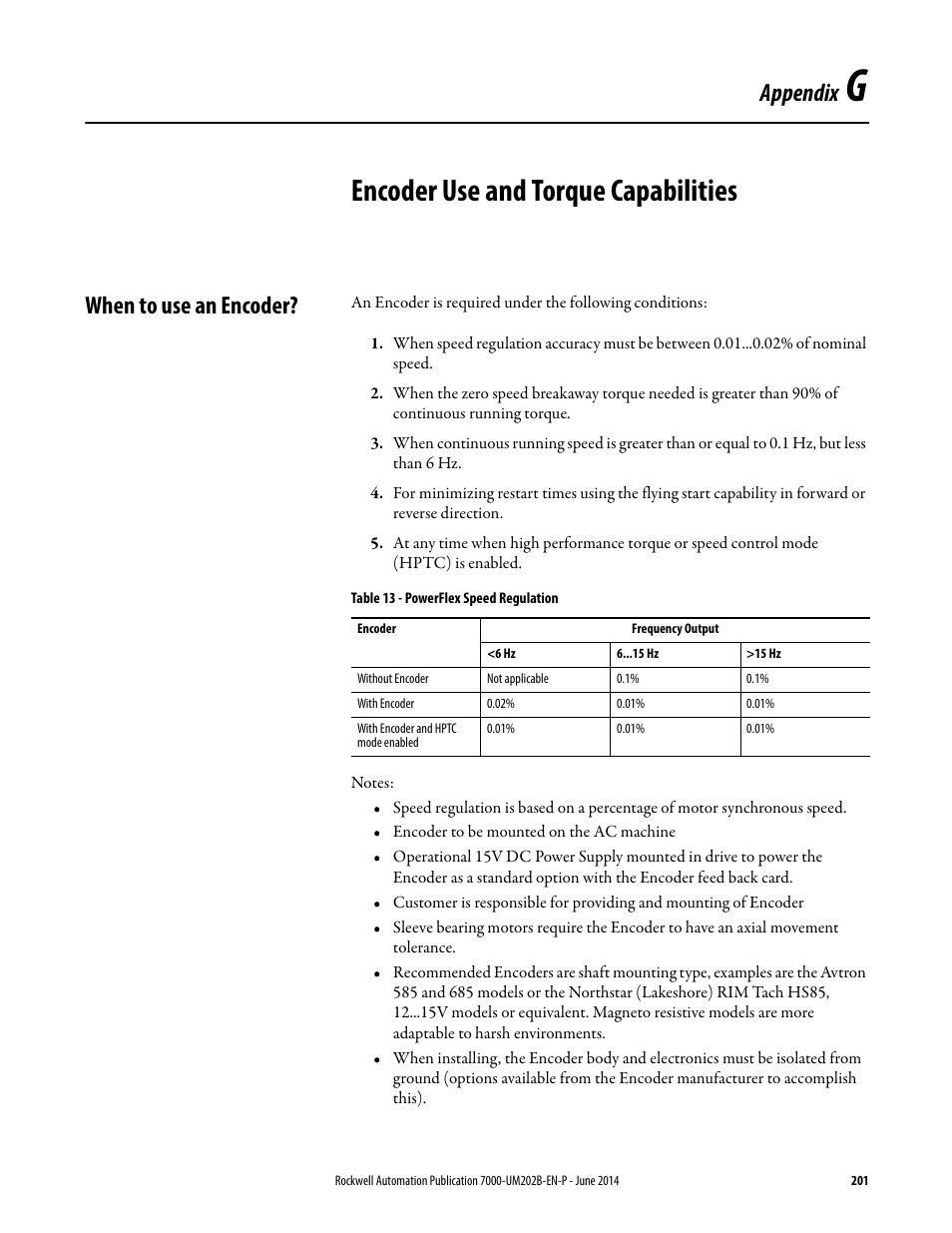 G - encoder use and torque capabilities, When to use an encoder, Appendix g | Encoder use and torque capabilities, Appendix | Rockwell Automation 7000 PowerFlex Medium Voltage AC Drive (B Frame) - ForGe Control User Manual | Page 201 / 216