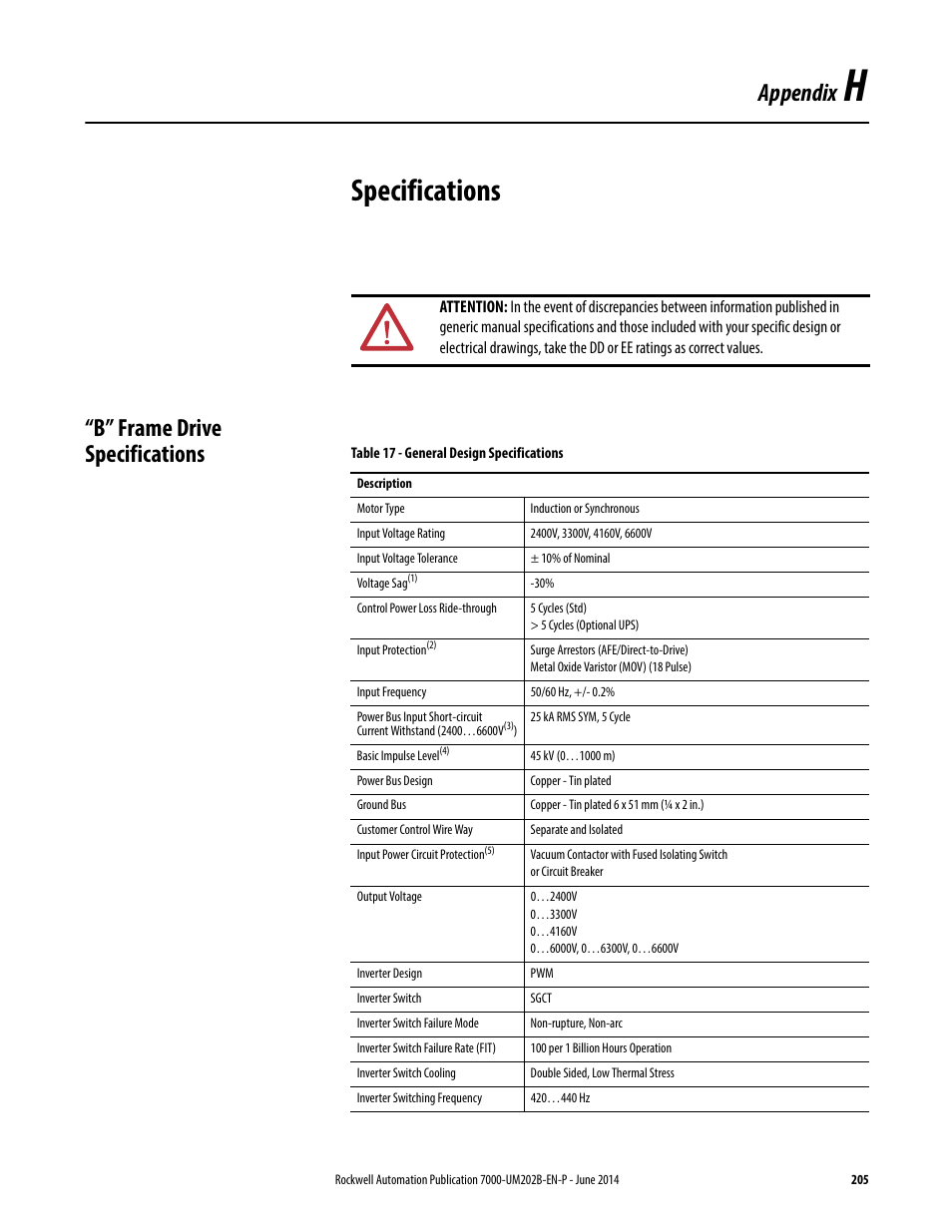 H - specifications, B” frame drive specifications, Appendix h | Specifications, Appendix | Rockwell Automation 7000 PowerFlex Medium Voltage AC Drive (B Frame) - ForGe Control User Manual | Page 205 / 216