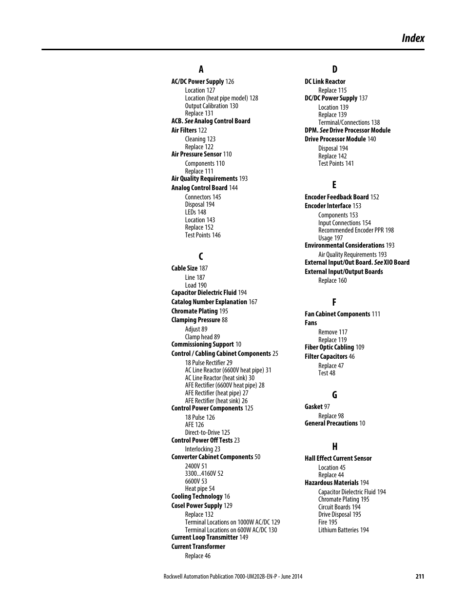 Index | Rockwell Automation 7000 PowerFlex Medium Voltage AC Drive (B Frame) - ForGe Control User Manual | Page 211 / 216