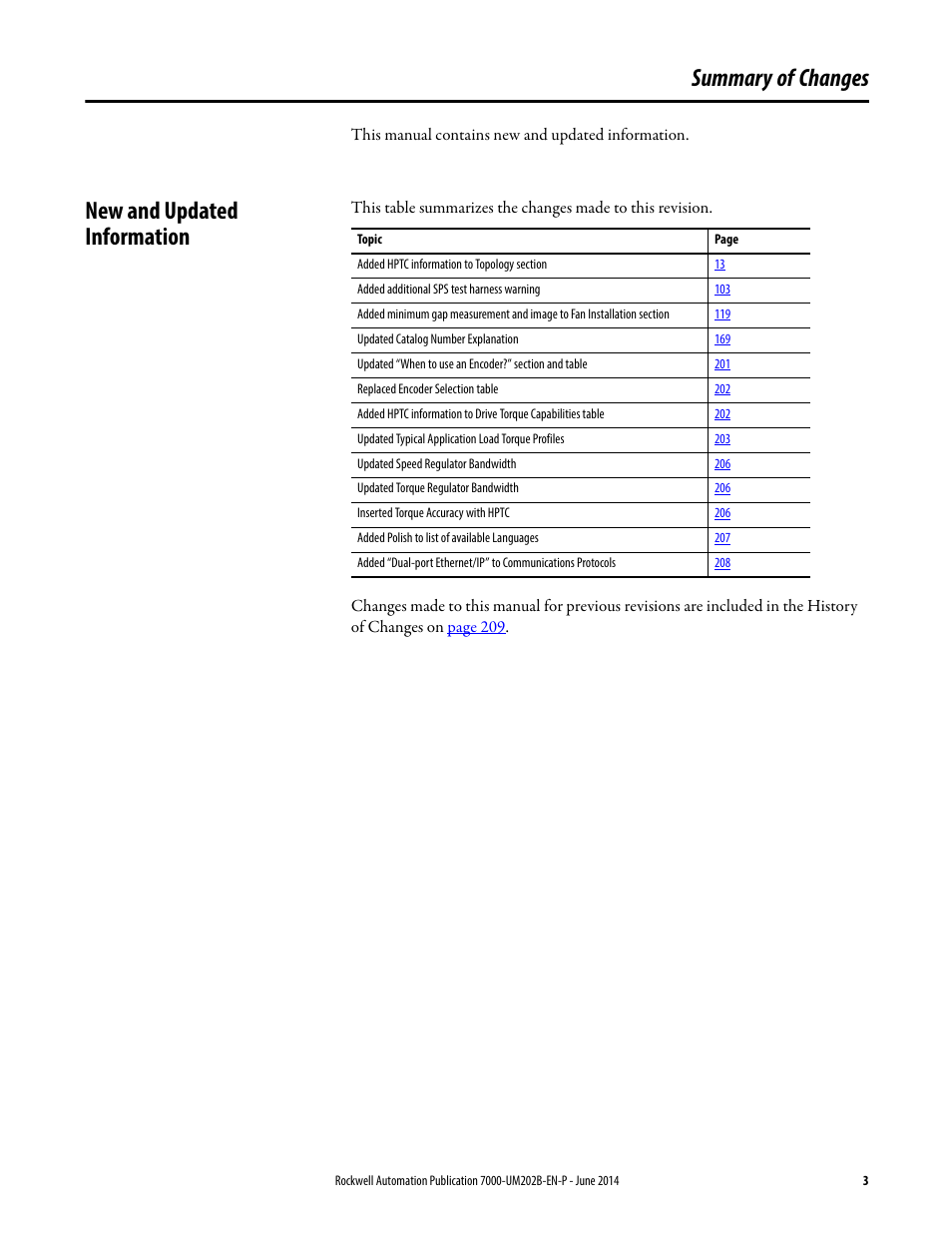 Summary of changes, New and updated information | Rockwell Automation 7000 PowerFlex Medium Voltage AC Drive (B Frame) - ForGe Control User Manual | Page 3 / 216