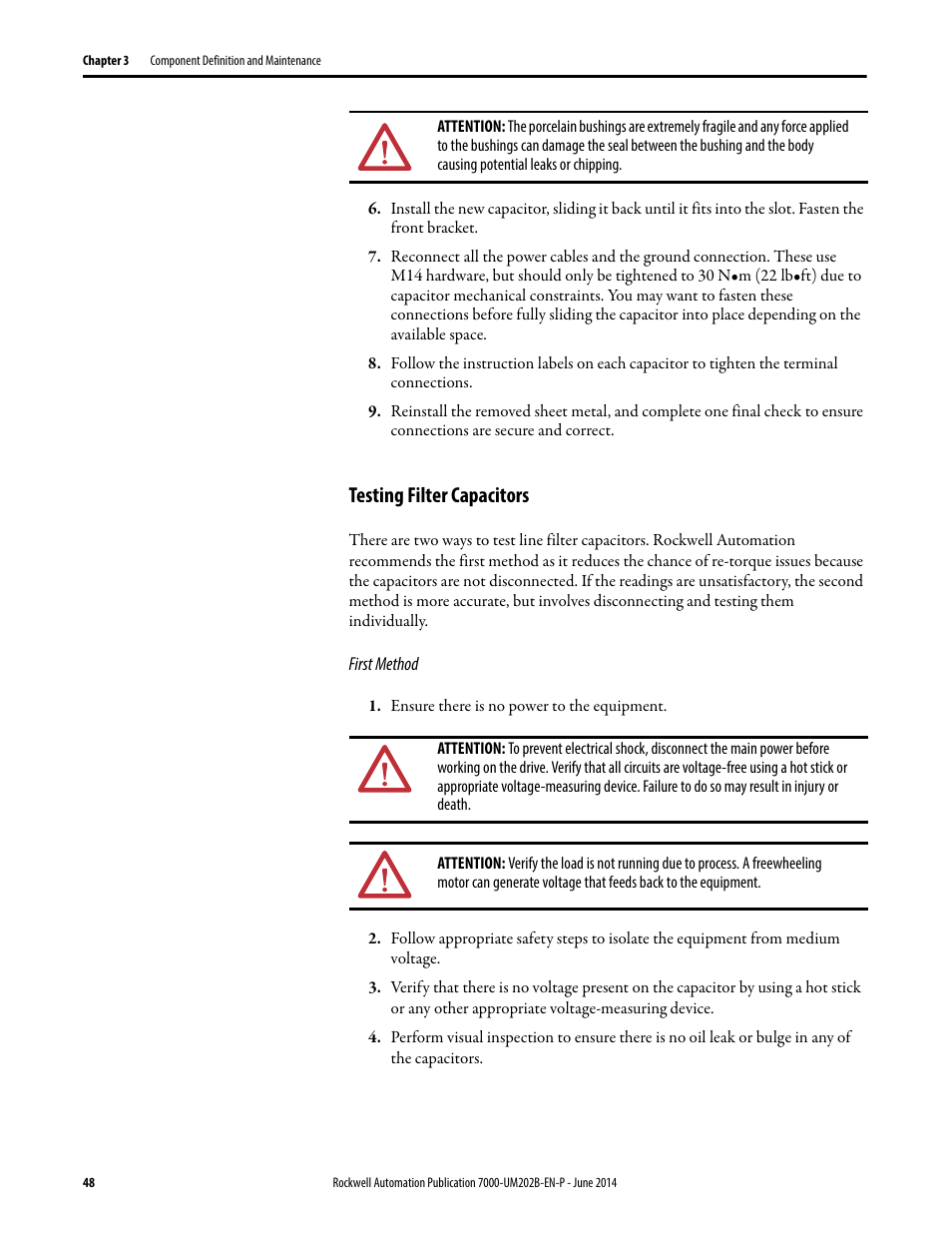 Testing filter capacitors | Rockwell Automation 7000 PowerFlex Medium Voltage AC Drive (B Frame) - ForGe Control User Manual | Page 48 / 216