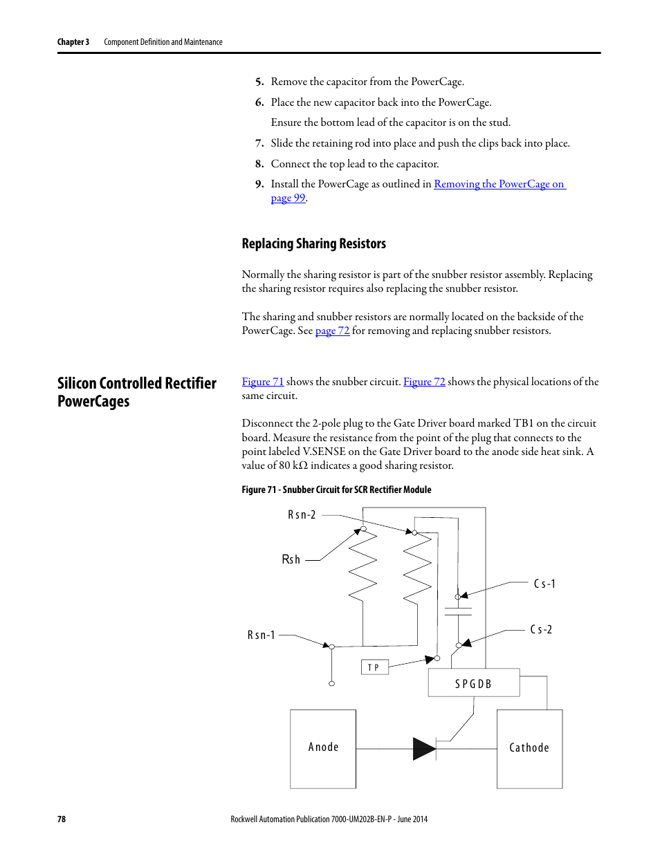 Replacing sharing resistors, Silicon controlled rectifier powercages | Rockwell Automation 7000 PowerFlex Medium Voltage AC Drive (B Frame) - ForGe Control User Manual | Page 78 / 216