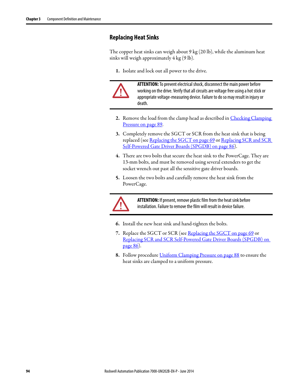 Replacing heat sinks | Rockwell Automation 7000 PowerFlex Medium Voltage AC Drive (B Frame) - ForGe Control User Manual | Page 94 / 216