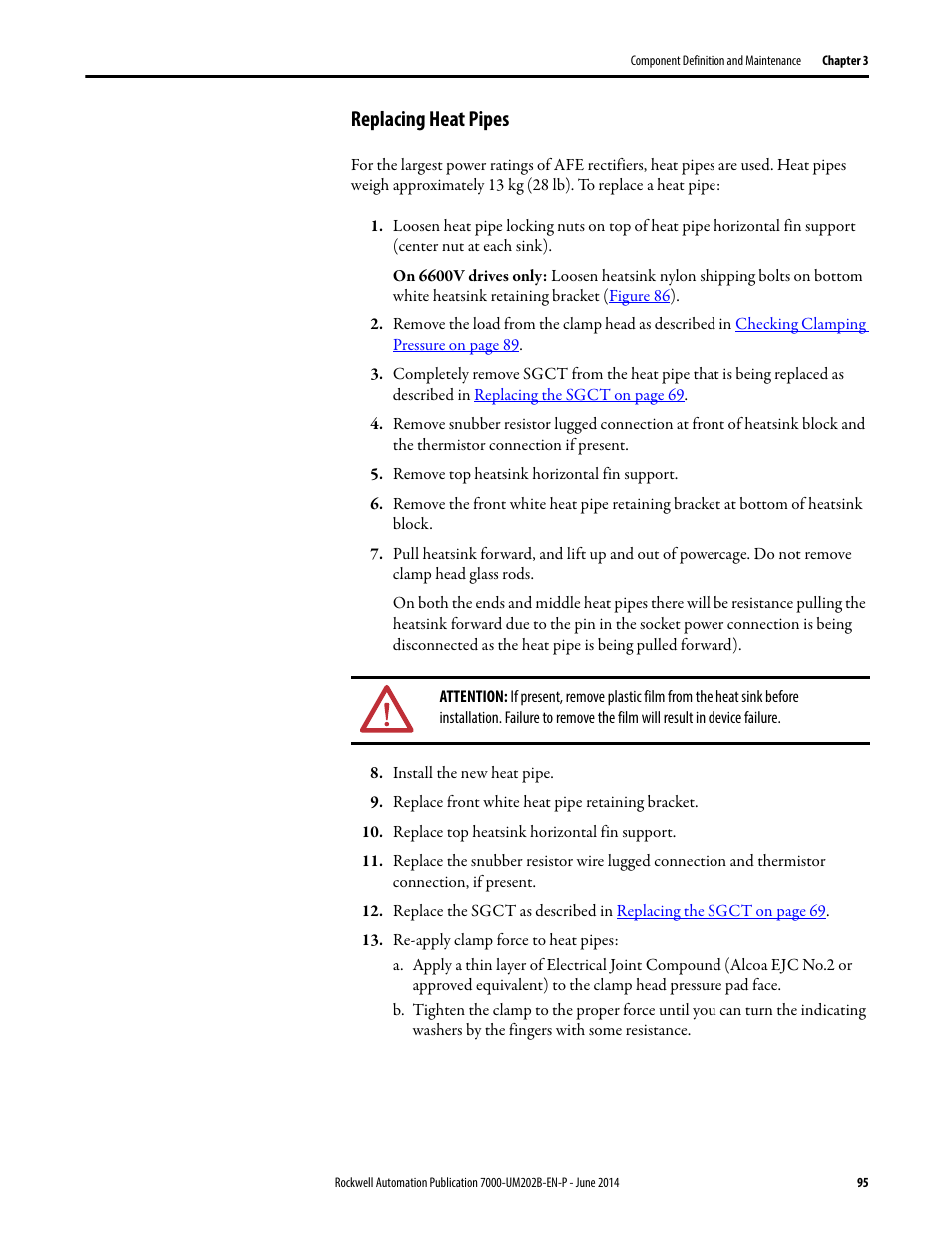 Replacing heat pipes | Rockwell Automation 7000 PowerFlex Medium Voltage AC Drive (B Frame) - ForGe Control User Manual | Page 95 / 216