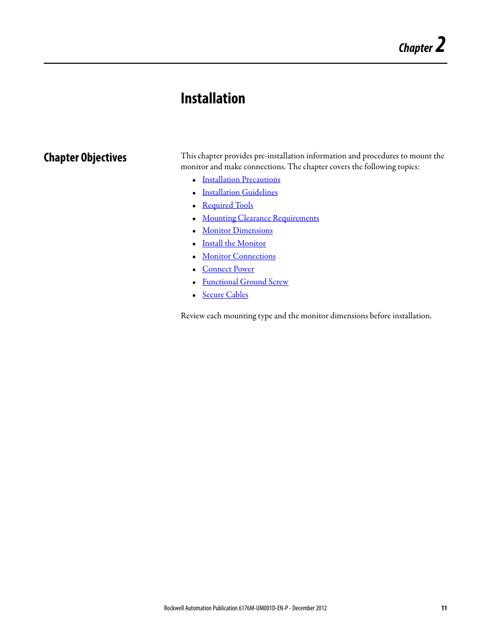 2 - installation, Chapter objectives, Chapter 2 | Installation, Chapter | Rockwell Automation 6176M-xxxx Standard Industrial Monitors User Manual User Manual | Page 11 / 52