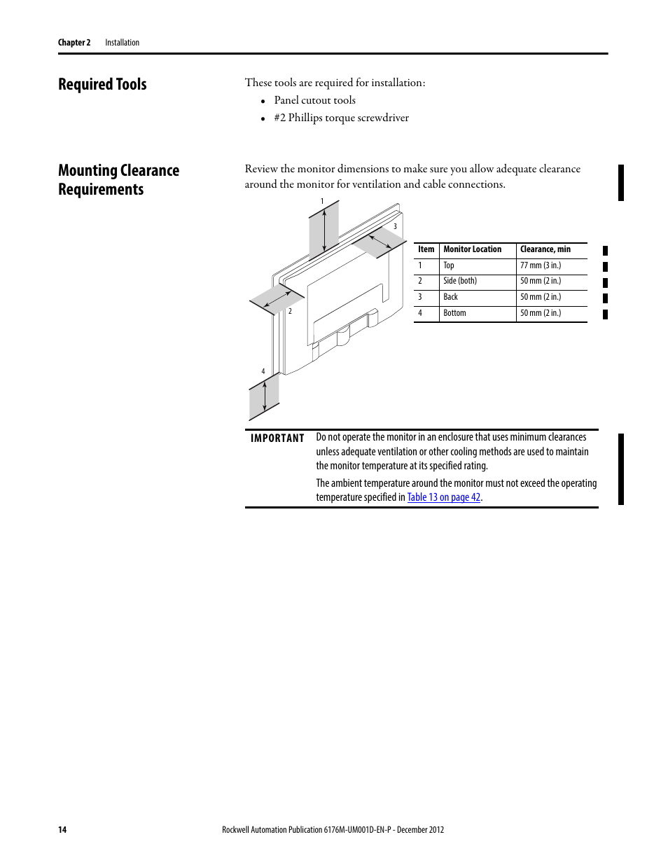 Required tools, Mounting clearance requirements, Required tools mounting clearance requirements | Mounting clearance | Rockwell Automation 6176M-xxxx Standard Industrial Monitors User Manual User Manual | Page 14 / 52