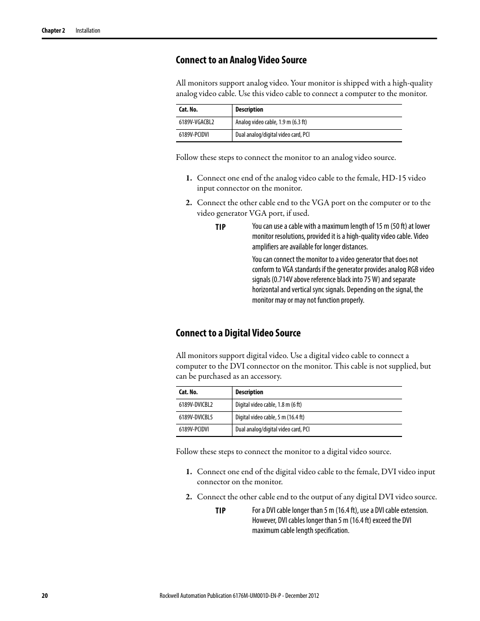 Connect to an analog video source, Connect to a digital video source | Rockwell Automation 6176M-xxxx Standard Industrial Monitors User Manual User Manual | Page 20 / 52