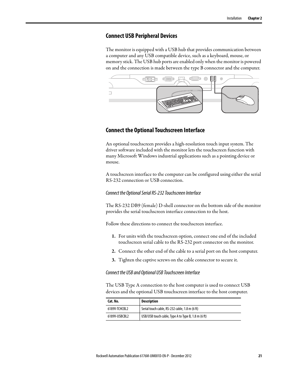 Connect usb peripheral devices, Connect the optional touchscreen interface | Rockwell Automation 6176M-xxxx Standard Industrial Monitors User Manual User Manual | Page 21 / 52