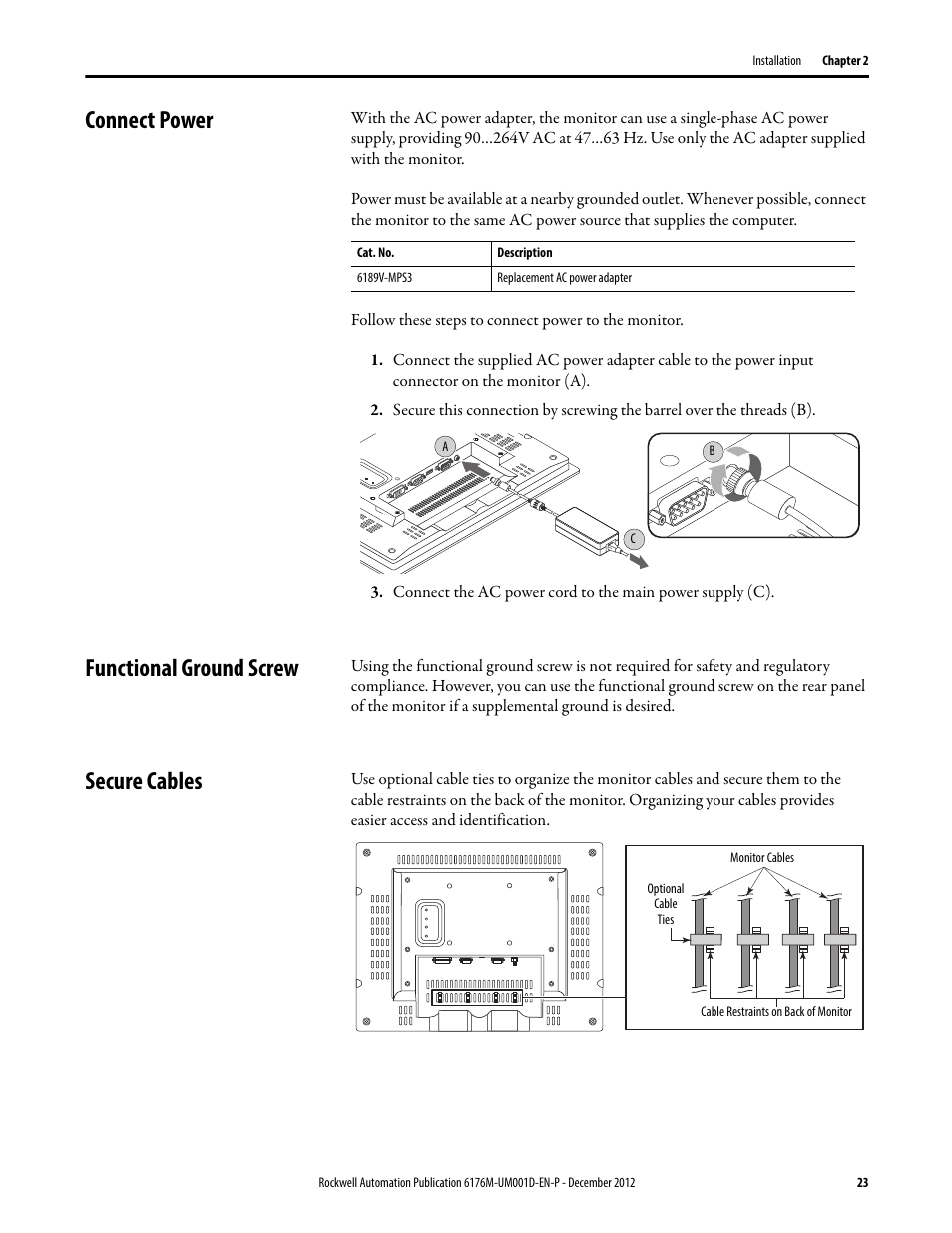 Connect power, Functional ground screw, Secure cables | Rockwell Automation 6176M-xxxx Standard Industrial Monitors User Manual User Manual | Page 23 / 52