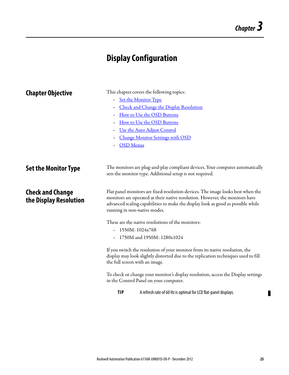 3 - display configuration, Chapter objective, Set the monitor type | Check and change the display resolution, Chapter 3, Display configuration, Chapter | Rockwell Automation 6176M-xxxx Standard Industrial Monitors User Manual User Manual | Page 25 / 52