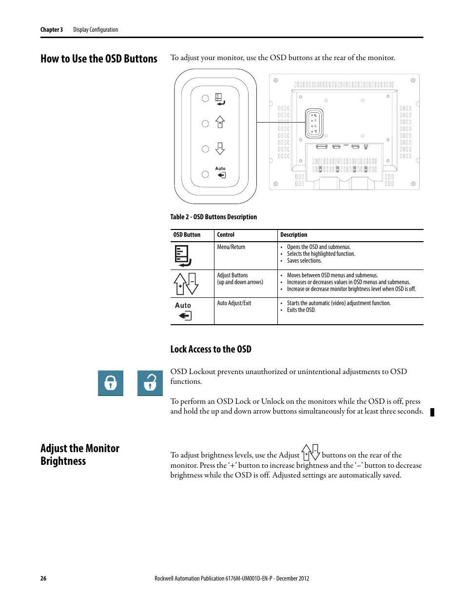 How to use the osd buttons, Lock access to the osd, Adjust the monitor brightness | Rockwell Automation 6176M-xxxx Standard Industrial Monitors User Manual User Manual | Page 26 / 52