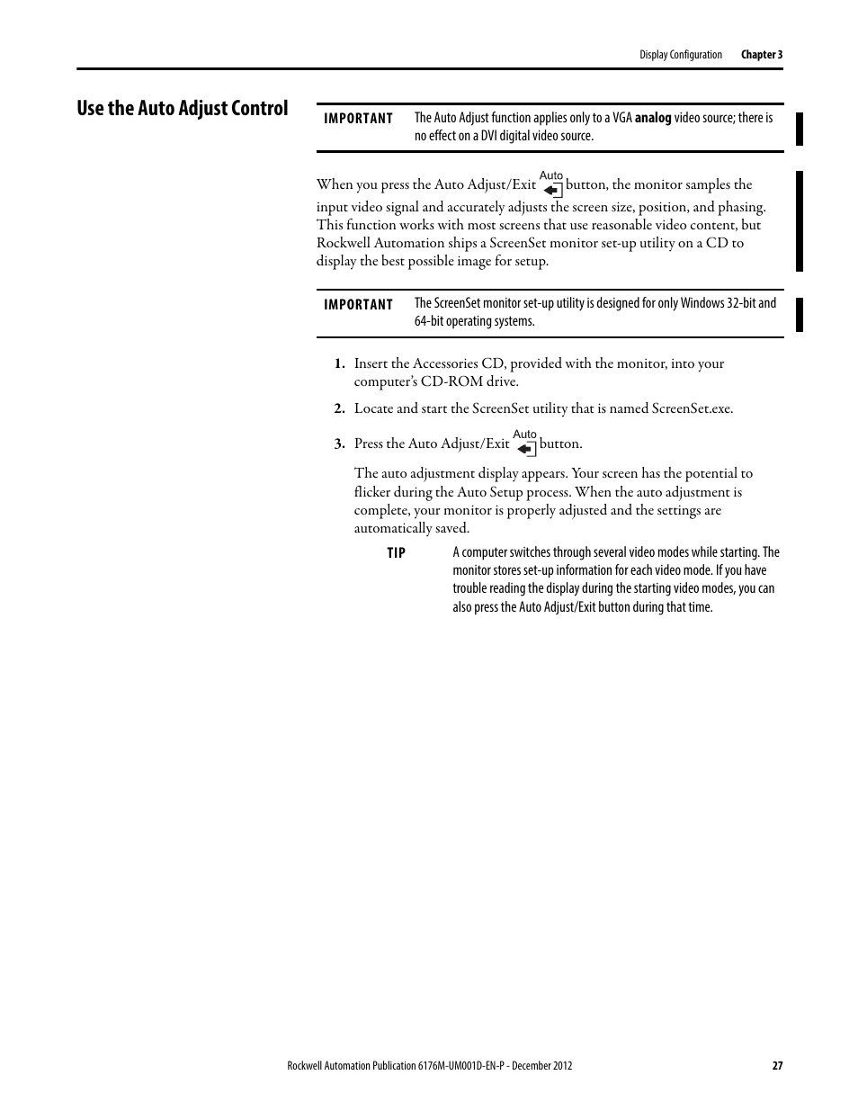 Use the auto adjust control | Rockwell Automation 6176M-xxxx Standard Industrial Monitors User Manual User Manual | Page 27 / 52