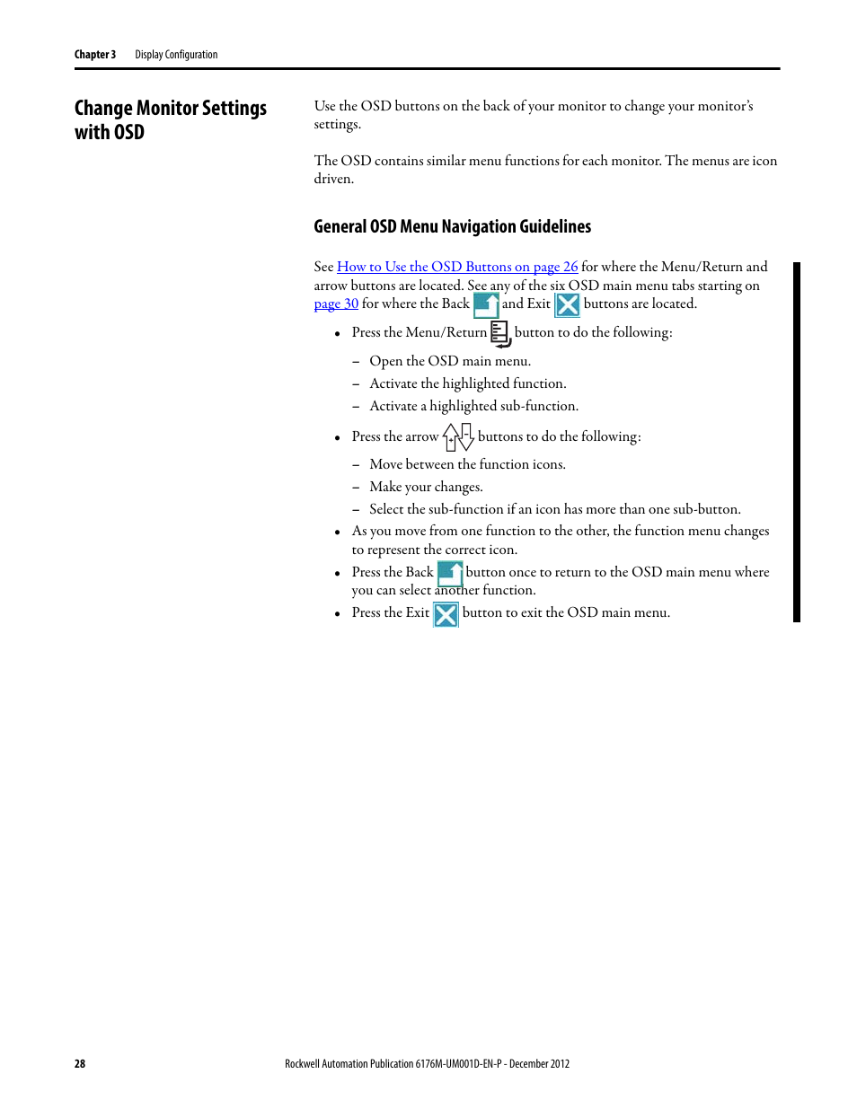 Change monitor settings with osd, General osd menu navigation guidelines | Rockwell Automation 6176M-xxxx Standard Industrial Monitors User Manual User Manual | Page 28 / 52