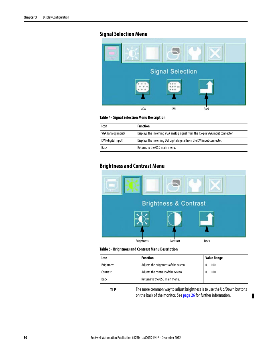 Signal selection menu, Brightness and contrast menu, Signal selection menu brightness and contrast menu | Rockwell Automation 6176M-xxxx Standard Industrial Monitors User Manual User Manual | Page 30 / 52