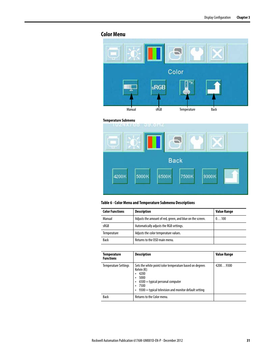 Color menu | Rockwell Automation 6176M-xxxx Standard Industrial Monitors User Manual User Manual | Page 31 / 52