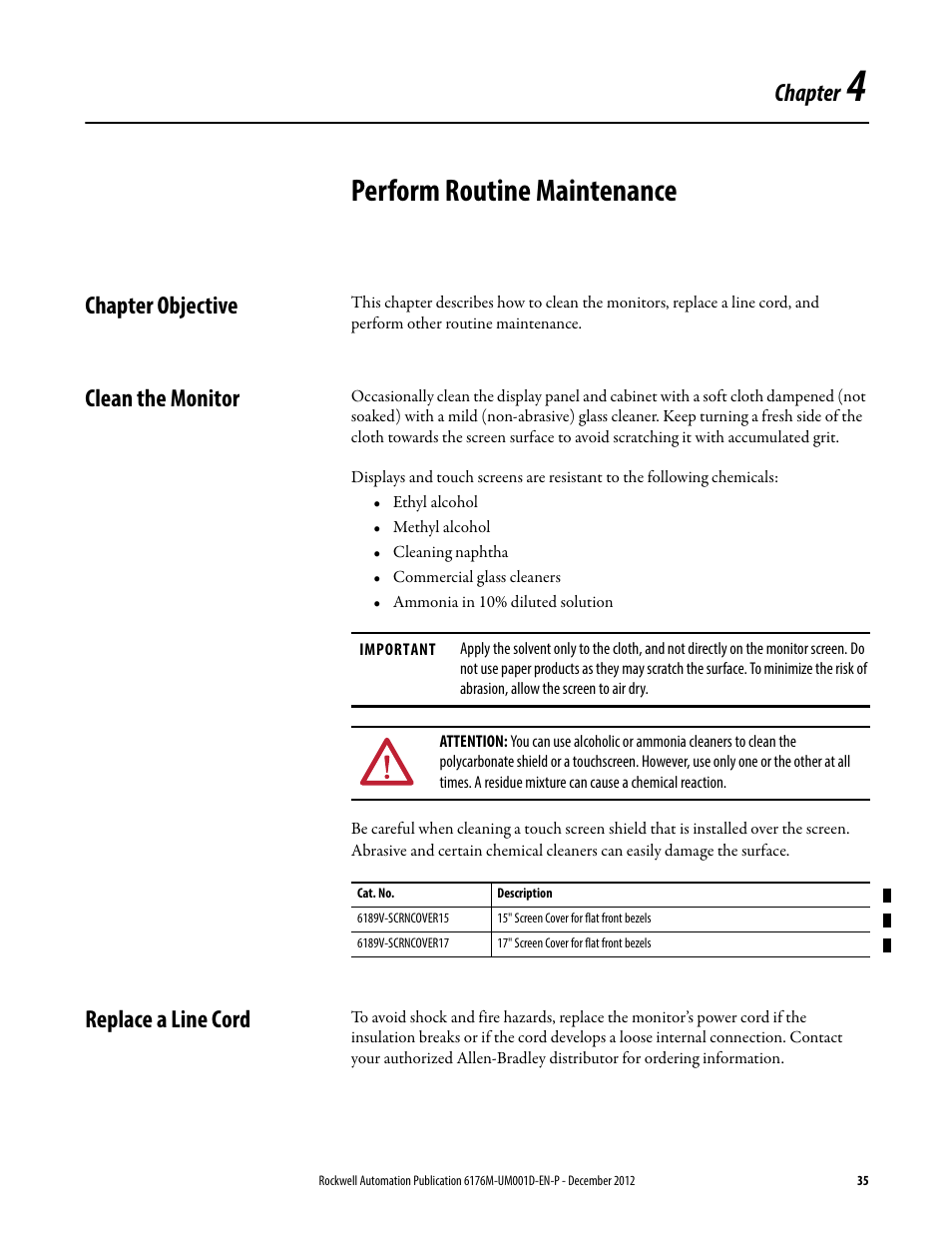 4 - perform routine maintenance, Chapter objective, Clean the monitor | Replace a line cord, Chapter 4, Perform routine maintenance, Chapter | Rockwell Automation 6176M-xxxx Standard Industrial Monitors User Manual User Manual | Page 35 / 52