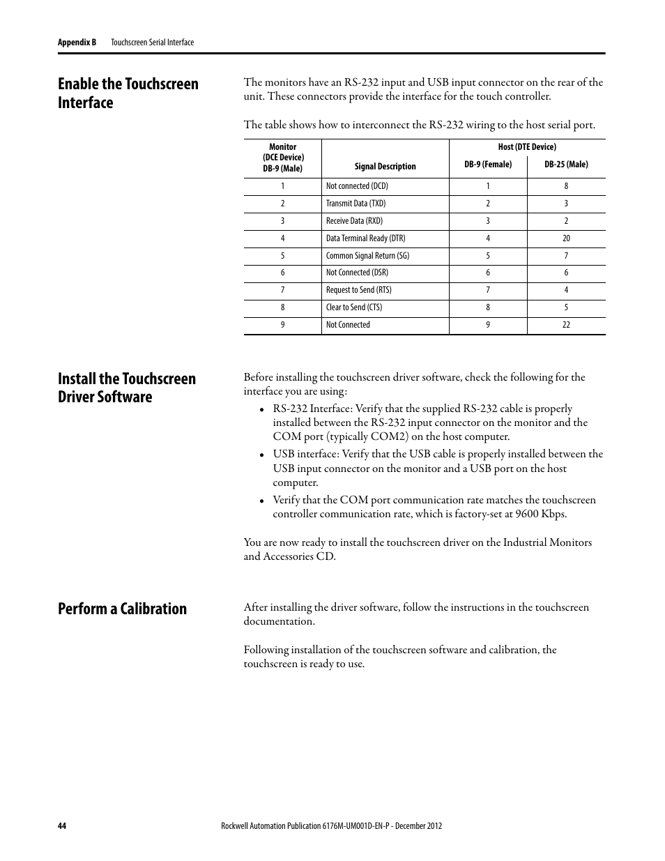 Enable the touchscreen interface, Install the touchscreen driver software, Perform a calibration | Rockwell Automation 6176M-xxxx Standard Industrial Monitors User Manual User Manual | Page 44 / 52