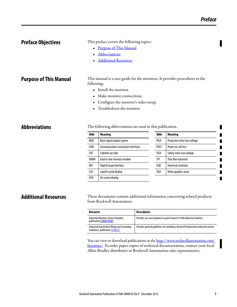 Preface, Preface objectives, Purpose of this manual | Abbreviations, Additional resources, Preface preface objectives | Rockwell Automation 6176M-xxxx Standard Industrial Monitors User Manual User Manual | Page 7 / 52
