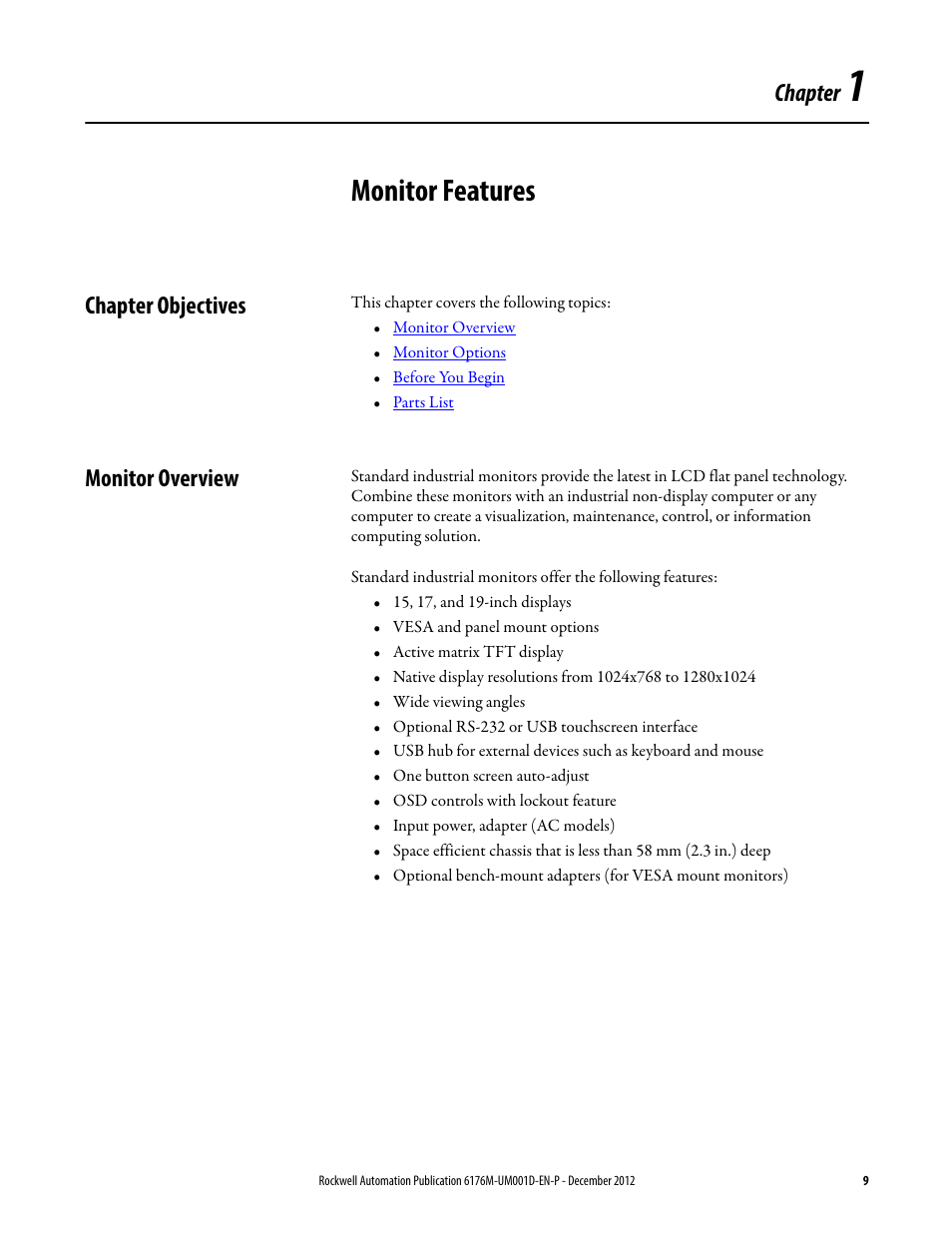 1 - monitor features, Chapter objectives, Monitor overview | Chapter 1, Monitor features, Chapter objectives monitor overview, Chapter | Rockwell Automation 6176M-xxxx Standard Industrial Monitors User Manual User Manual | Page 9 / 52