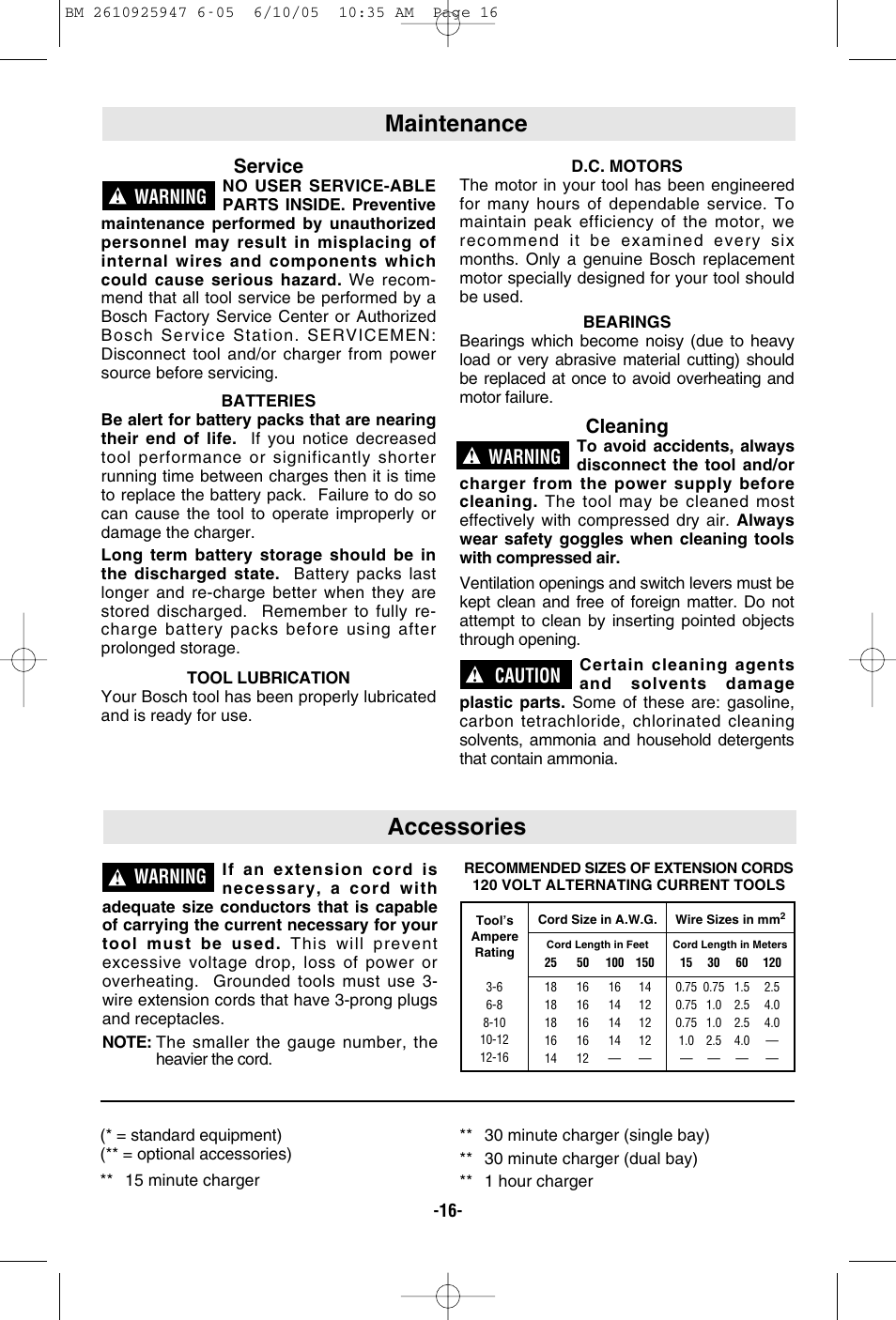 Accessories, Maintenance, Warning | Service, Cleaning, Caution | Bosch 1645-24 User Manual | Page 16 / 48