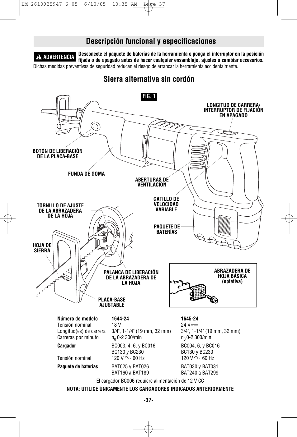 Descripción funcional y especificaciones, Sierra alternativa sin cordón | Bosch 1645-24 User Manual | Page 37 / 48