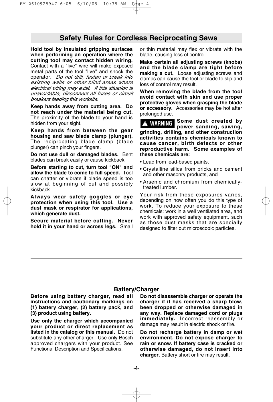 Safety rules for cordless reciprocating saws | Bosch 1645-24 User Manual | Page 4 / 48