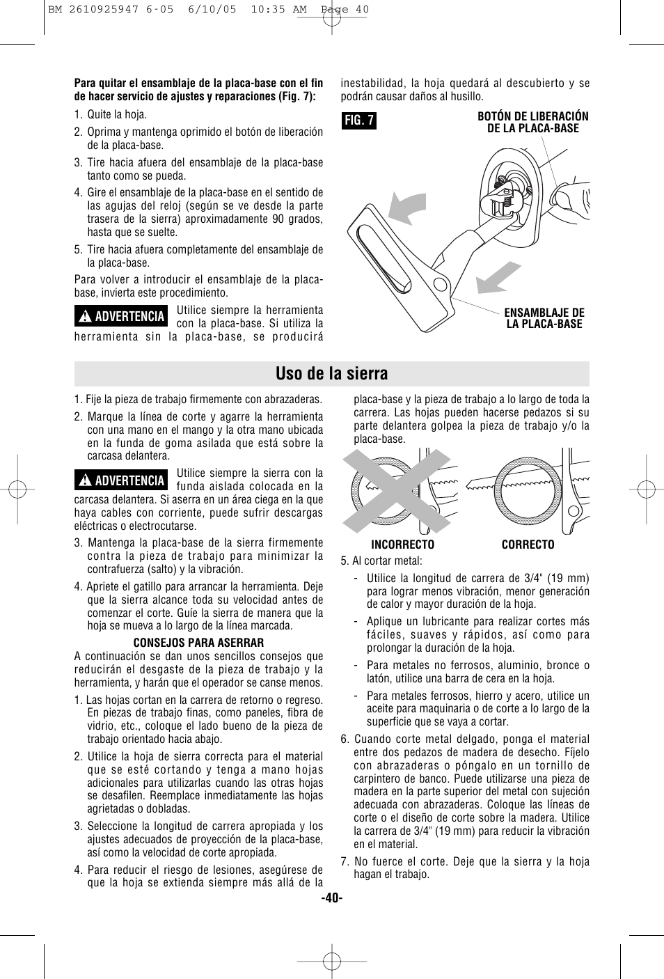Uso de la sierra | Bosch 1645-24 User Manual | Page 40 / 48