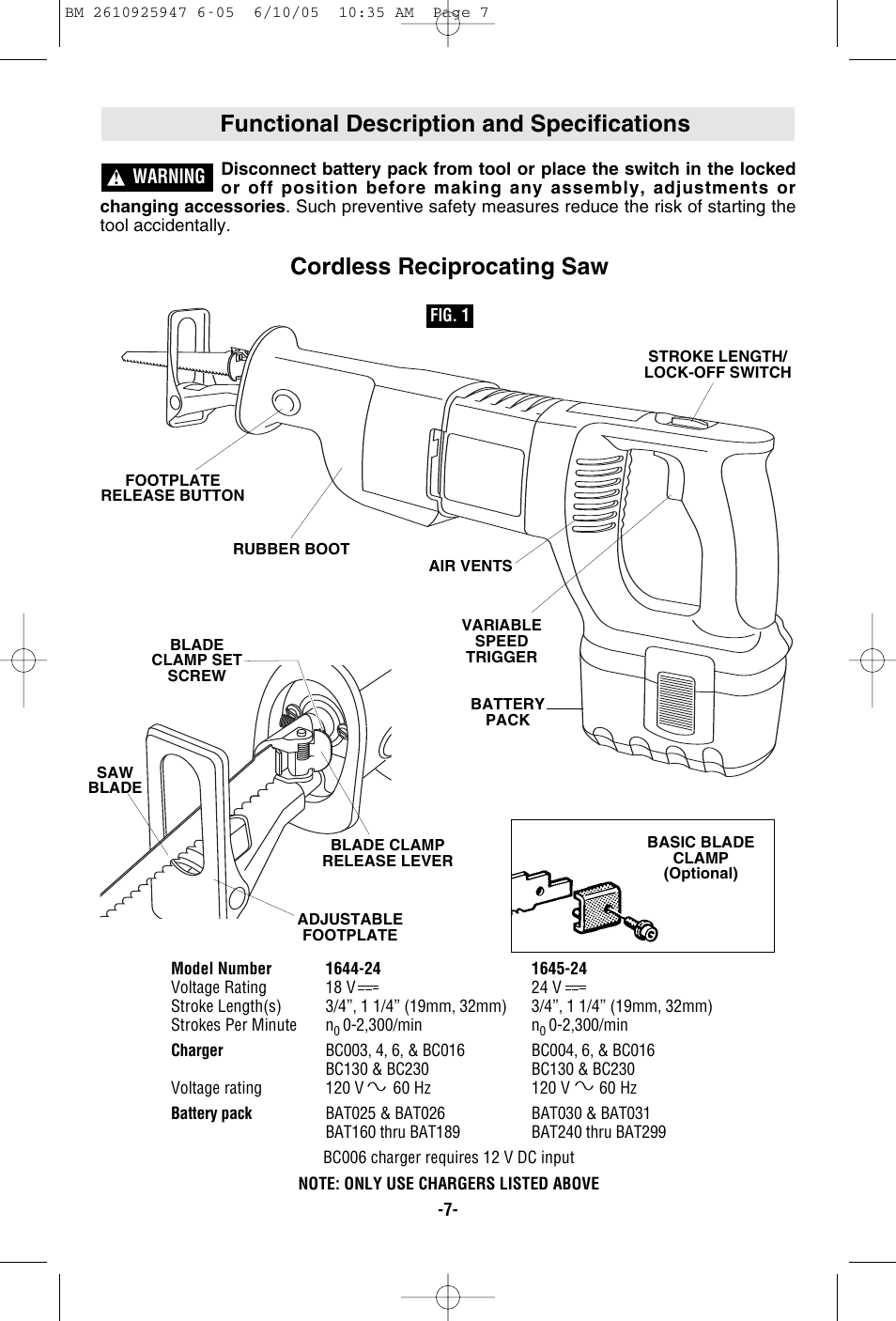 Functional description and specifications, Cordless reciprocating saw | Bosch 1645-24 User Manual | Page 7 / 48