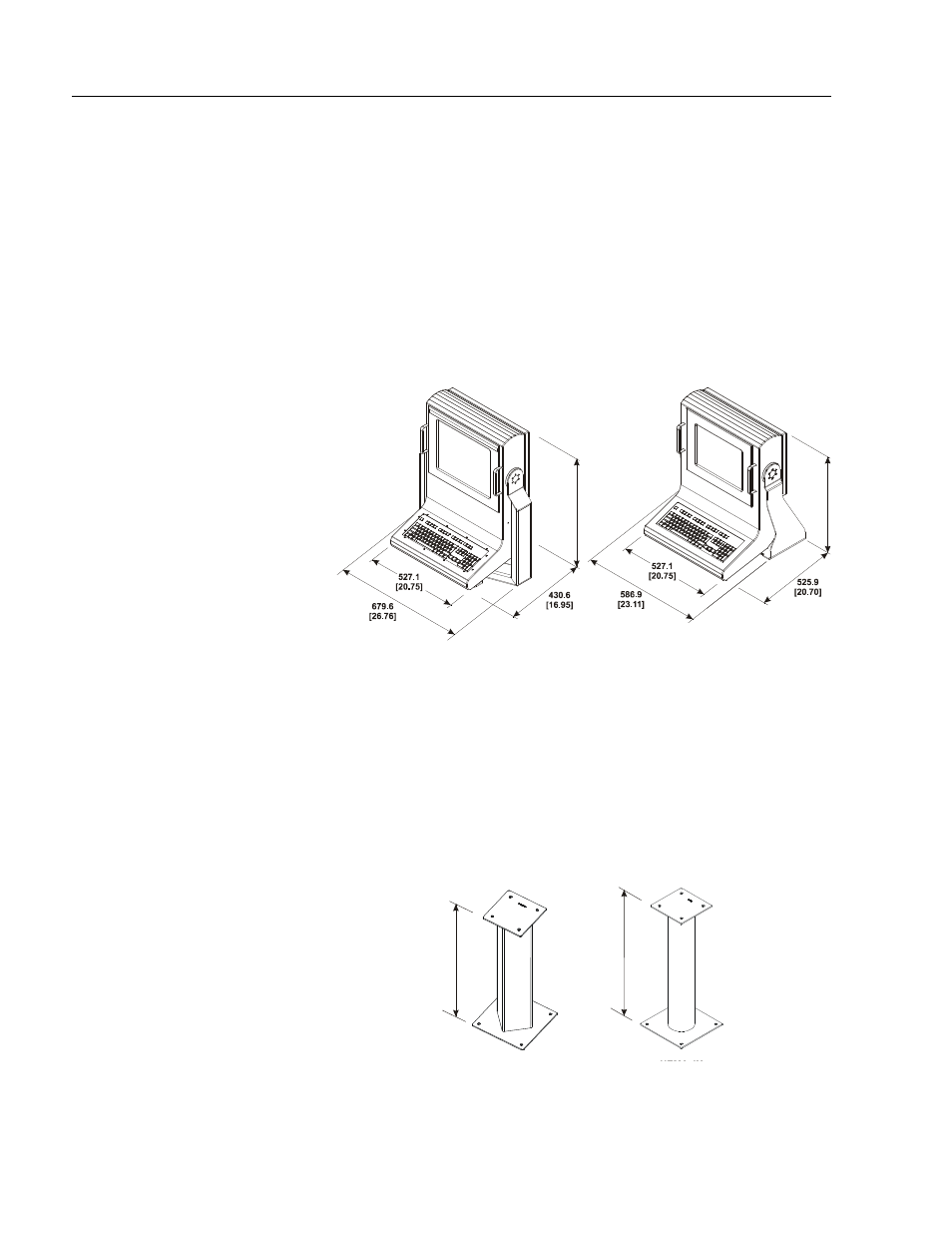 Dimensions, Table top and floor pedestal mounting, Pedestal specifications | Rockwell Automation 6188 Workstation User manual User Manual | Page 30 / 36