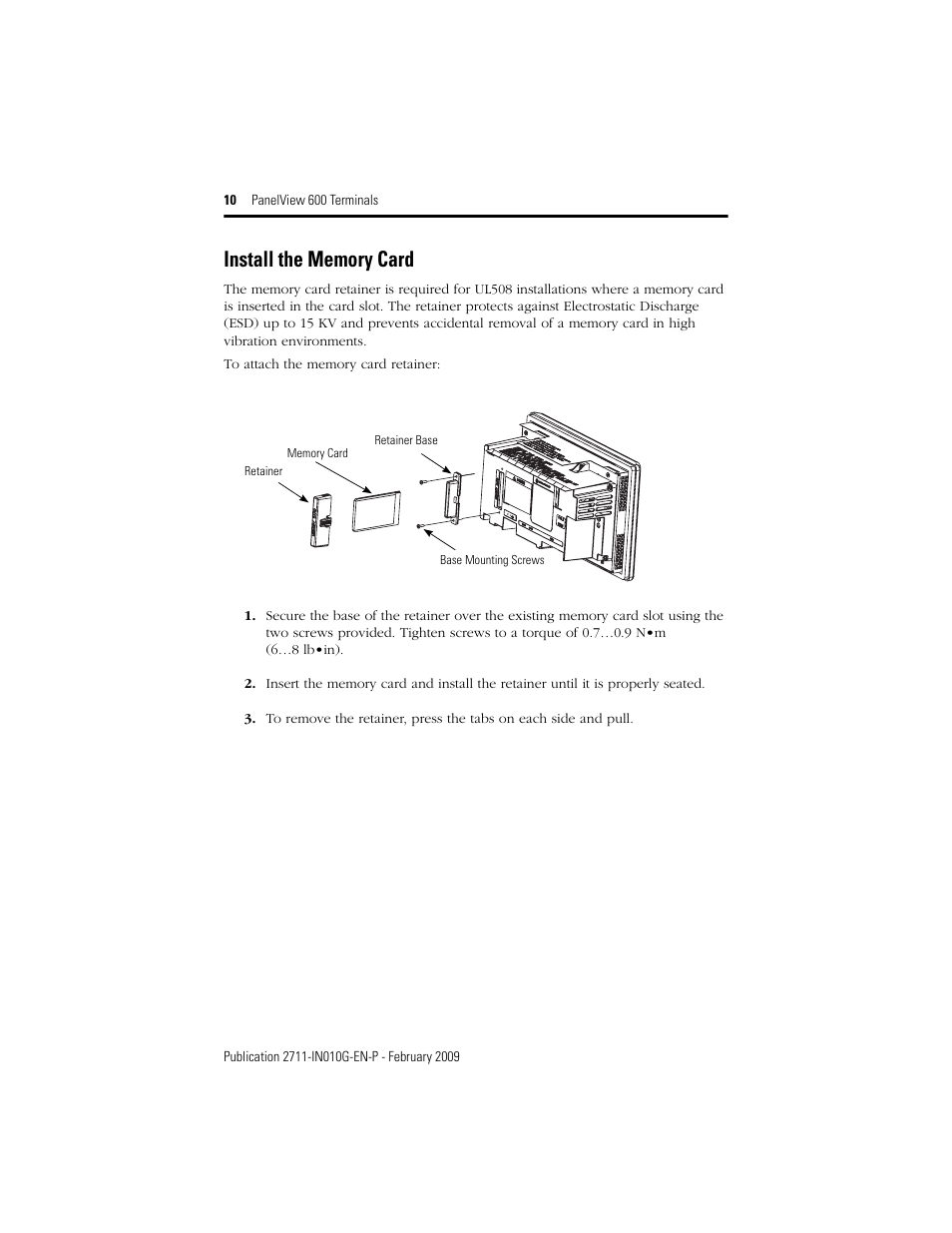 Install the memory card | Rockwell Automation 2711-L6Cxx_B6Cxx PanelView 600 Terminals Installation Instructions User Manual | Page 10 / 16