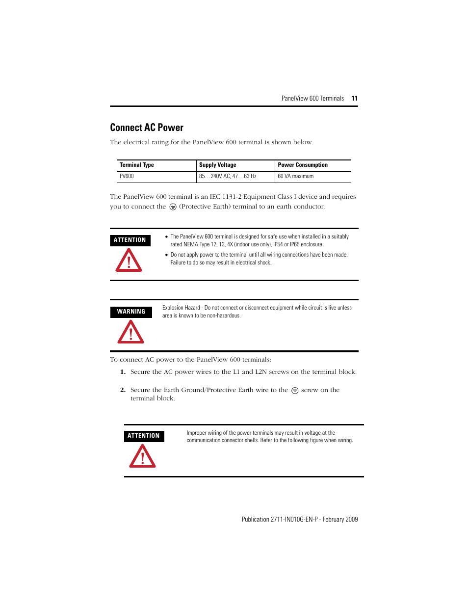 Connect ac power | Rockwell Automation 2711-L6Cxx_B6Cxx PanelView 600 Terminals Installation Instructions User Manual | Page 11 / 16