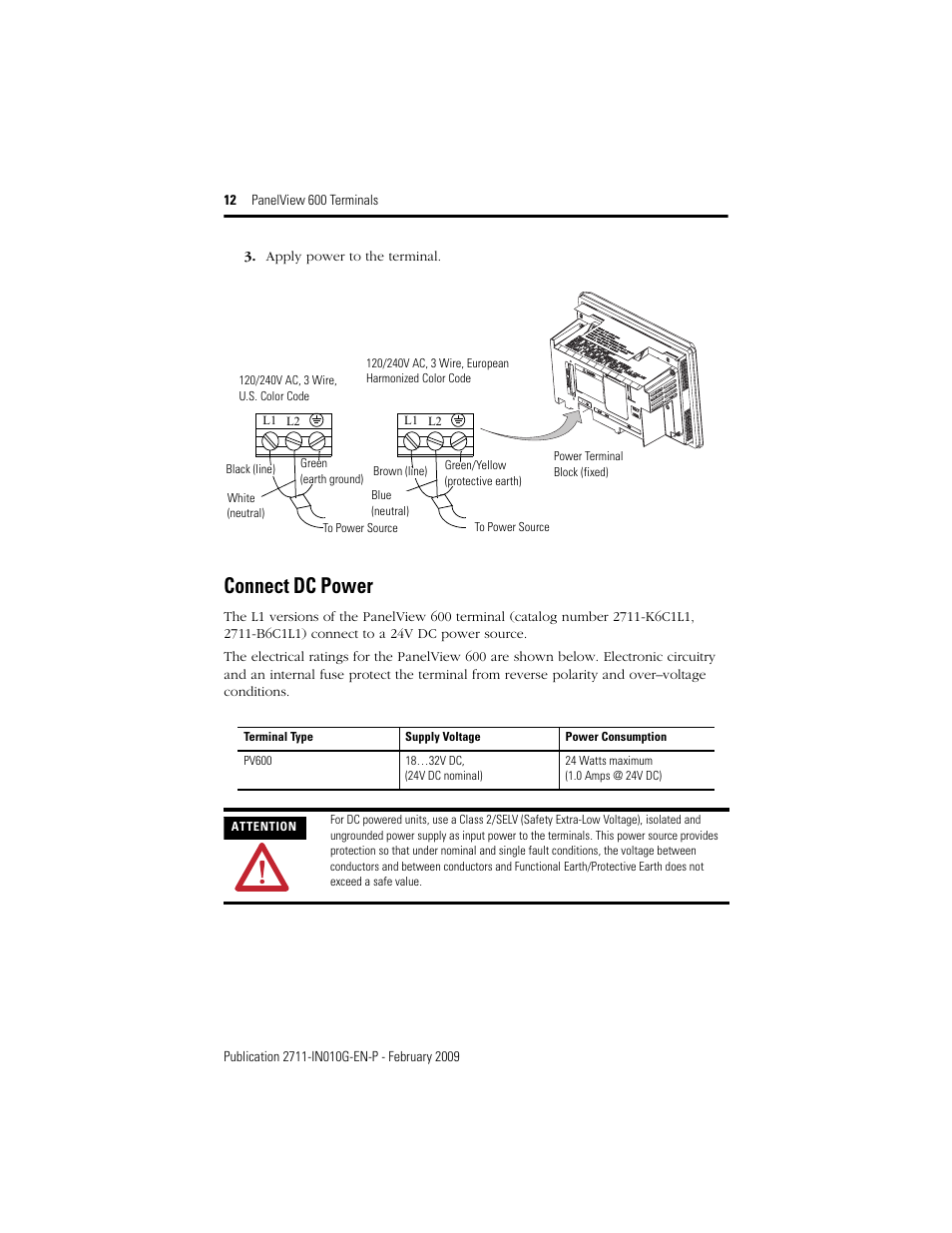 Connect dc power | Rockwell Automation 2711-L6Cxx_B6Cxx PanelView 600 Terminals Installation Instructions User Manual | Page 12 / 16