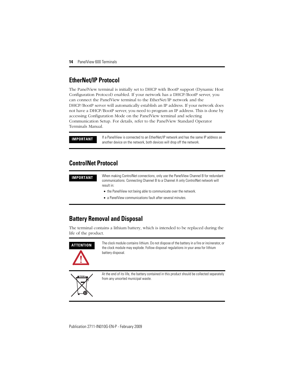 Ethernet/ip protocol, Controlnet protocol, Battery removal and disposal | Controlnet protocol battery removal and disposal | Rockwell Automation 2711-L6Cxx_B6Cxx PanelView 600 Terminals Installation Instructions User Manual | Page 14 / 16
