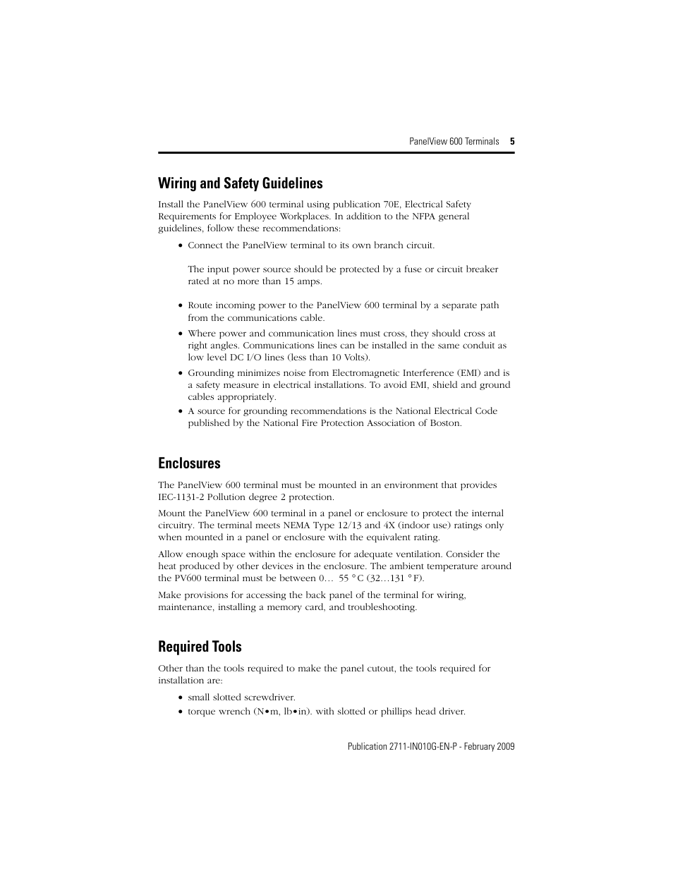 Wiring and safety guidelines, Enclosures, Required tools | Rockwell Automation 2711-L6Cxx_B6Cxx PanelView 600 Terminals Installation Instructions User Manual | Page 5 / 16