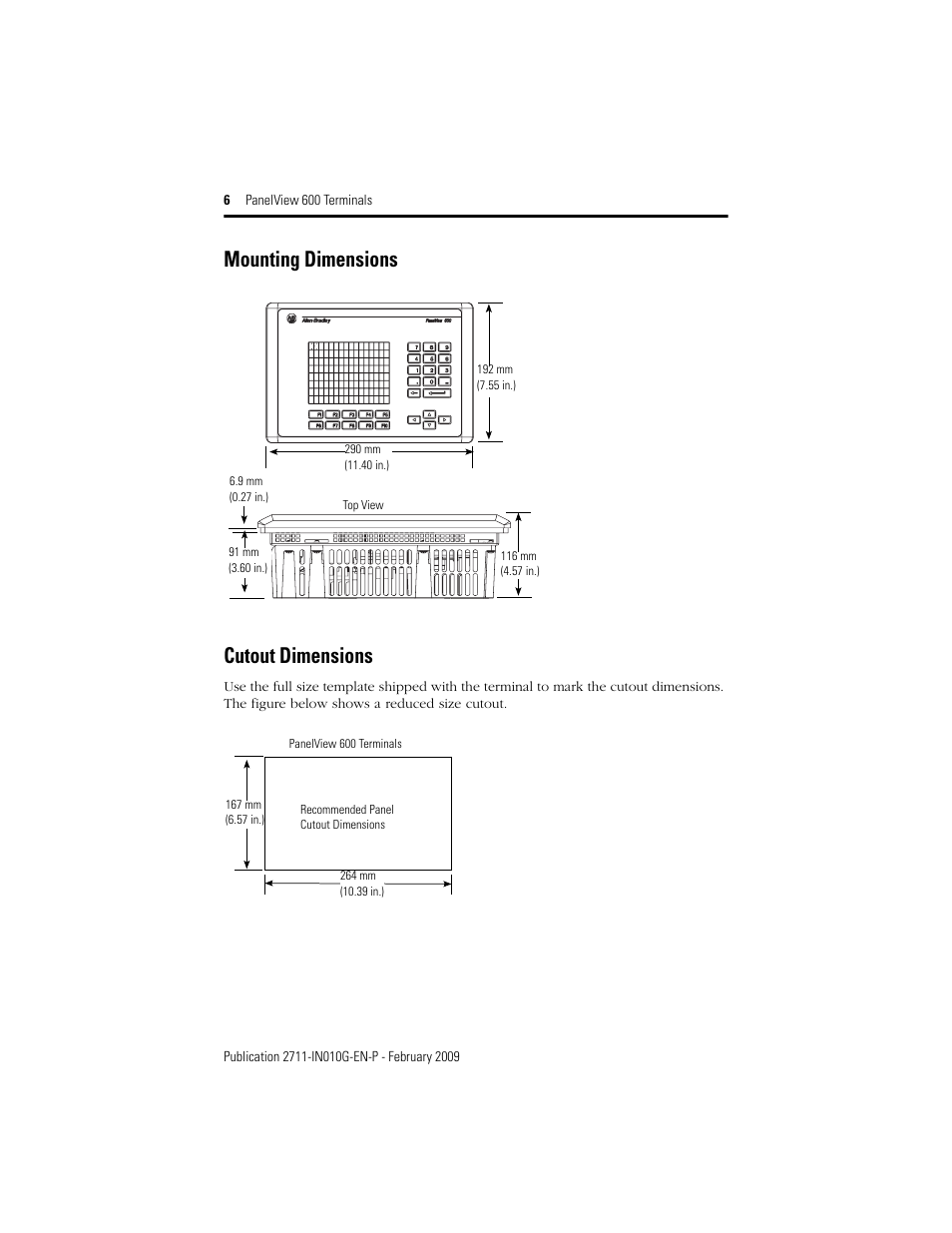 Mounting dimensions, Cutout dimensions, Mounting dimensions cutout dimensions | Rockwell Automation 2711-L6Cxx_B6Cxx PanelView 600 Terminals Installation Instructions User Manual | Page 6 / 16