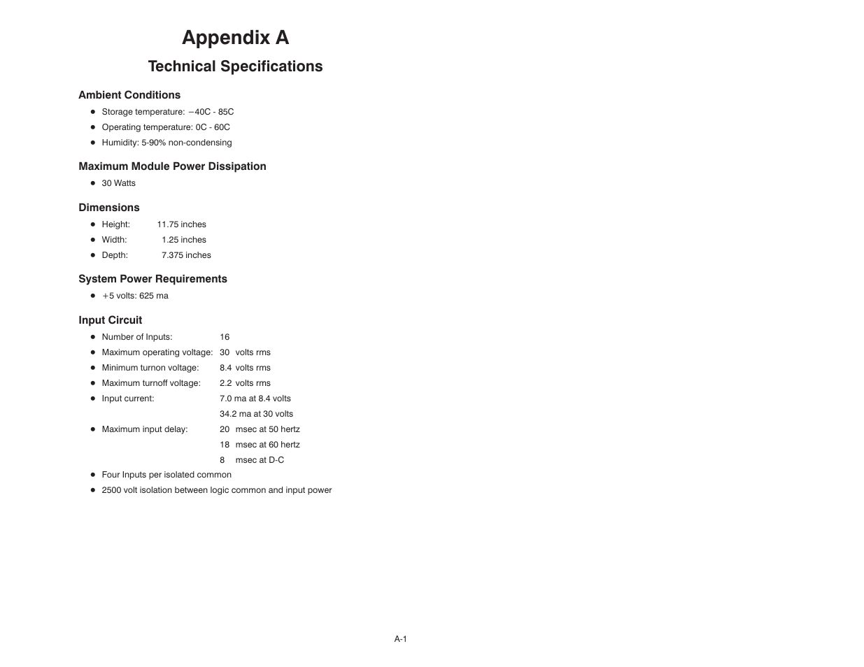 A technical specifications, Appendix a, Technical specifications | Rockwell Automation 57C415 24V AC/DC Input Module User Manual | Page 21 / 34